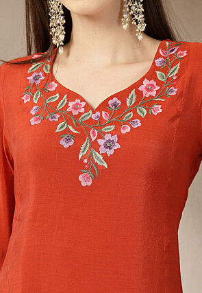 Embroidered Chanderi Silk A Line Suit in Rust