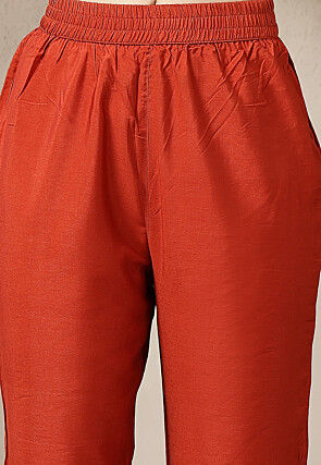 Embroidered Chanderi Silk A Line Suit in Rust