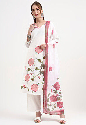 Embroidered Chanderi Silk A Line Suit in White