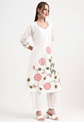 Embroidered Chanderi Silk A Line Suit in White