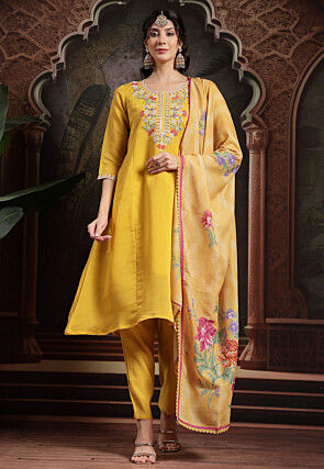 Embroidered Chanderi Silk A Line Suit in Yellow