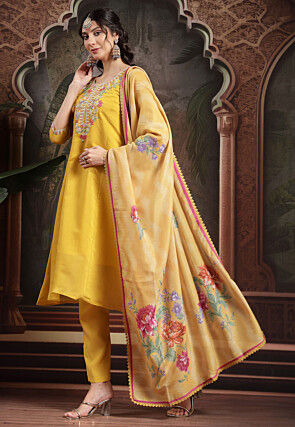 Embroidered Chanderi Silk A Line Suit in Yellow