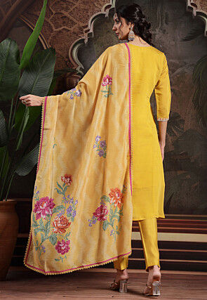 Embroidered Chanderi Silk A Line Suit in Yellow