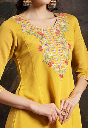 Embroidered Chanderi Silk A Line Suit in Yellow