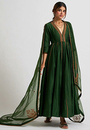 Embroidered Chanderi Silk Abaya Style Suit in Dark Green