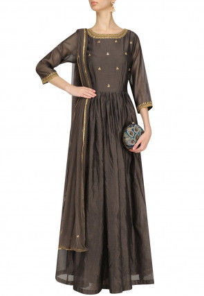 Embroidered Chanderi Silk Abaya Style Suit in Dark Grey