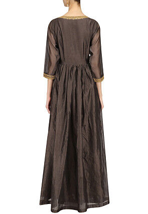 Embroidered Chanderi Silk Abaya Style Suit in Dark Grey