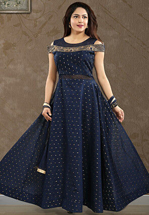 Embroidered Chanderi Silk Abaya Style Suit in Navy Blue