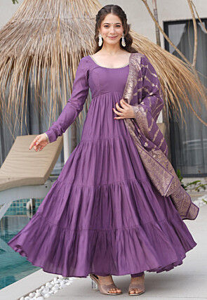 Embroidered Chanderi Silk Abaya Style Suit in Purple