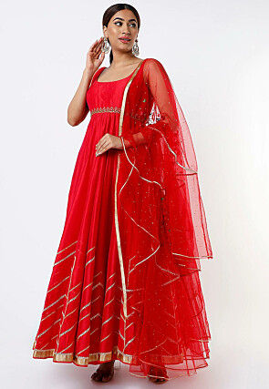 Embroidered Chanderi Silk Abaya Style Suit in Red
