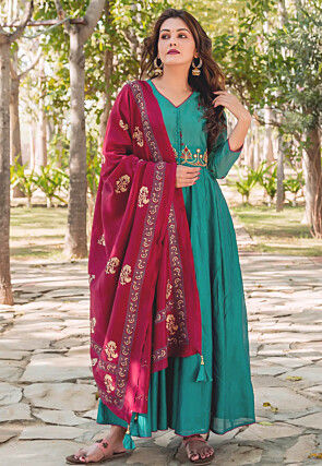 Embroidered Chanderi Silk Abaya Style Suit in Teal Blue