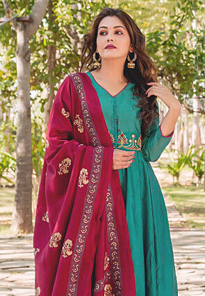 Embroidered Chanderi Silk Abaya Style Suit in Teal Blue