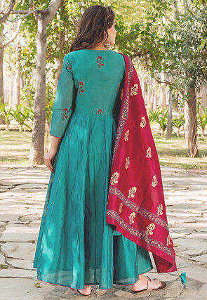 Embroidered Chanderi Silk Abaya Style Suit in Teal Blue