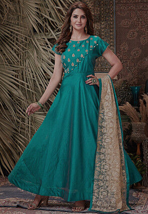 Embroidered Chanderi Silk Abaya Style Suit in Teal Green