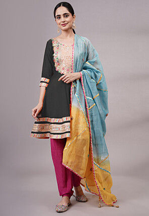 Embroidered Chanderi Silk Aline Suit in Black