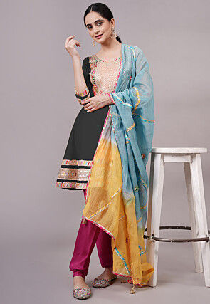 Embroidered Chanderi Silk Aline Suit in Black