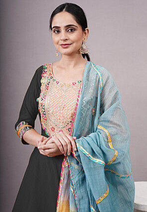 Embroidered Chanderi Silk Aline Suit in Black