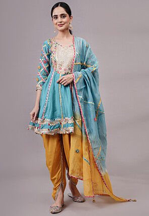 Embroidered Chanderi Silk Aline Suit in Blue