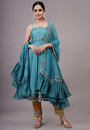 Embroidered Chanderi Silk Aline Suit in Blue