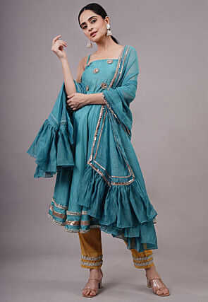 Embroidered Chanderi Silk Aline Suit in Blue