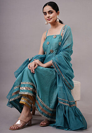 Embroidered Chanderi Silk Aline Suit in Blue