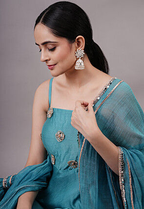 Embroidered Chanderi Silk Aline Suit in Blue