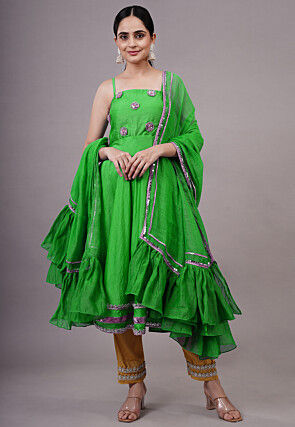 Embroidered Chanderi Silk Aline Suit in Green