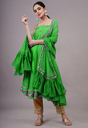 Embroidered Chanderi Silk Aline Suit in Green