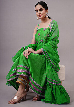 Embroidered Chanderi Silk Aline Suit in Green