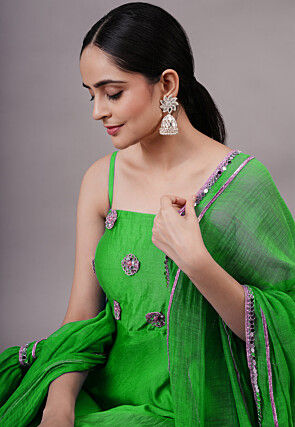 Embroidered Chanderi Silk Aline Suit in Green