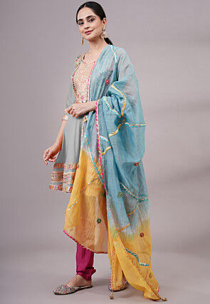 Embroidered Chanderi Silk Aline Suit in Grey