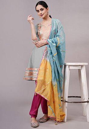 Embroidered Chanderi Silk Aline Suit in Grey