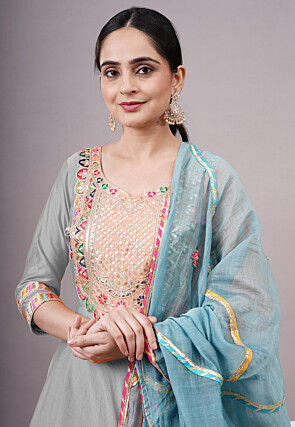 Embroidered Chanderi Silk Aline Suit in Grey