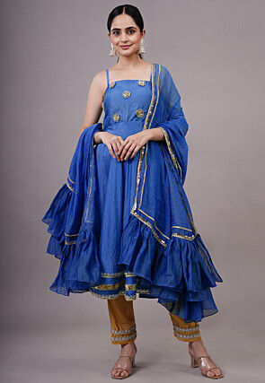 Embroidered Chanderi Silk Aline Suit in Navy Blue