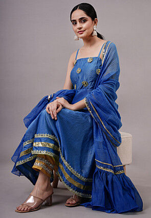Embroidered Chanderi Silk Aline Suit in Navy Blue