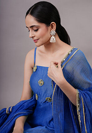 Embroidered Chanderi Silk Aline Suit in Navy Blue