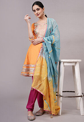 Embroidered Chanderi Silk Aline Suit in Orange