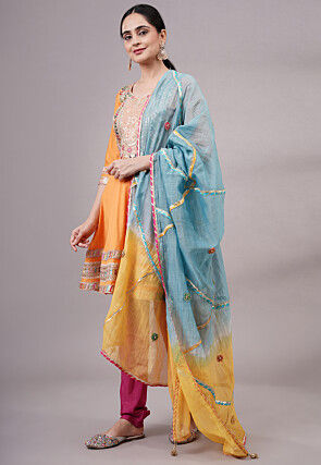 Embroidered Chanderi Silk Aline Suit in Orange