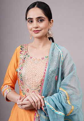 Embroidered Chanderi Silk Aline Suit in Orange
