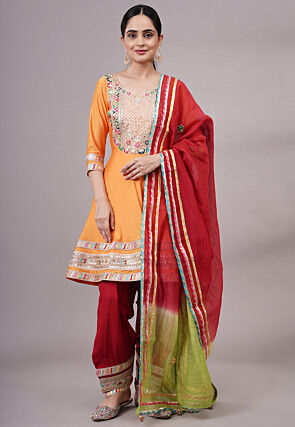 Embroidered Chanderi Silk Aline Suit in Orange
