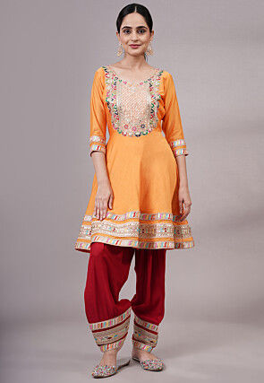 Embroidered Chanderi Silk Aline Suit in Orange