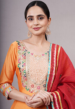 Embroidered Chanderi Silk Aline Suit in Orange
