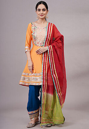 Embroidered Chanderi Silk Aline Suit in Orange