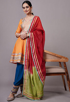 Embroidered Chanderi Silk Aline Suit in Orange