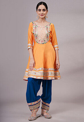 Embroidered Chanderi Silk Aline Suit in Orange