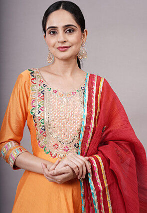 Embroidered Chanderi Silk Aline Suit in Orange