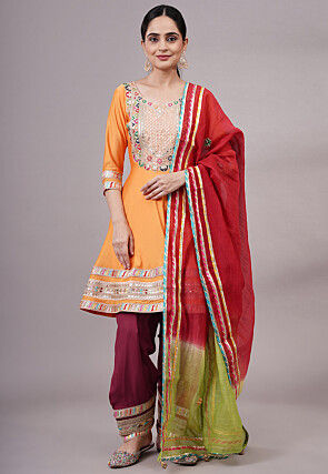 Embroidered Chanderi Silk Aline Suit in Orange