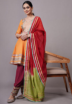 Embroidered Chanderi Silk Aline Suit in Orange