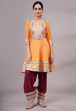 Embroidered Chanderi Silk Aline Suit in Orange