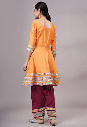 Embroidered Chanderi Silk Aline Suit in Orange